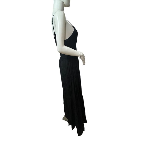 YFB Dress M Black Maxi Tiered Ruched Straps Party Cocktail V-Neck Keyhole Lined - Picture 4 of 16